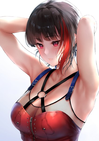 Anime picture 1935x2736 with bang dream! mitake ran khanka shui single tall image blush fringe highres short hair breasts light erotic black hair simple background red eyes large breasts white background payot looking away cleavage upper body