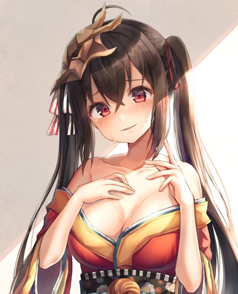 Anime picture 1018x1257 with azur lane taihou (azur lane) hinaki (hinaki 0102) single long hair tall image looking at viewer blush fringe breasts open mouth light erotic black hair simple background smile hair between eyes red eyes large breasts twintails bare shoulders