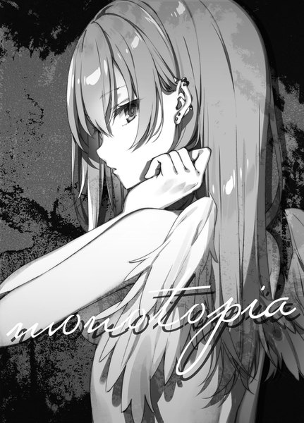 Anime picture 1058x1471 with original ciel (toosaka asagi) toosaka asagi single long hair tall image looking at viewer fringe hair between eyes upper body parted lips profile looking back inscription piercing adjusting hair monochrome ear piercing angel wings girl