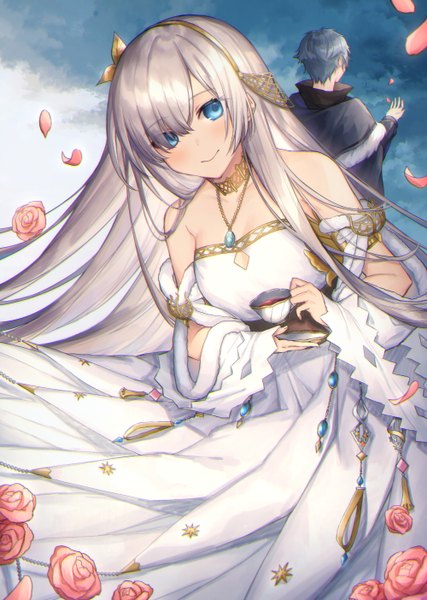 Anime picture 1000x1404 with fate (series) fate/grand order anastasia (fate) kadoc zemlupus coyucom long hair tall image looking at viewer blush fringe short hair breasts blue eyes smile hair between eyes standing bare shoulders holding sky silver hair