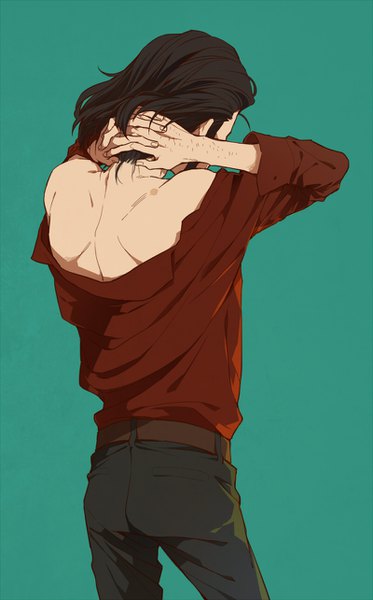 Anime picture 800x1284 with lupin iii jigen daisuke hoyano single tall image short hair black hair simple background standing bare shoulders from behind off shoulder back arms behind head aqua background boy shirt red shirt