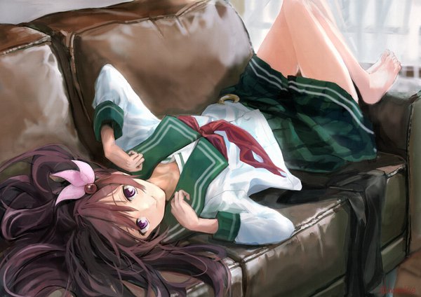 Anime picture 4093x2894 with kantai collection kisaragi destroyer chamu (chammkue) single long hair fringe highres smile hair between eyes brown hair purple eyes absurdres indoors lying pleated skirt barefoot bare legs on back girl skirt