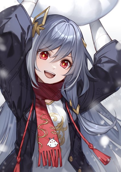 Anime picture 947x1340 with honkai impact 3rd honkai (series) fu hua fu hua (herrscher of sentience) hollyyn single long hair tall image looking at viewer fringe open mouth hair between eyes red eyes holding :d grey hair arms up open jacket alternate costume snowing