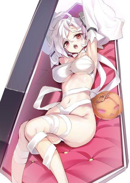Anime picture 1427x2000 with azur lane terror (azur lane) terror (halloween terror) (azur lane) youta single tall image looking at viewer short hair breasts open mouth light erotic simple background red eyes large breasts white background ahoge bent knee (knees) white hair lying :o