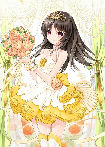 Anime picture 717x1000 with original juna single long hair tall image looking at viewer black hair pink eyes girl thighhighs dress flower (flowers) ribbon (ribbons) petals garter straps wrist cuffs tiara bouquet