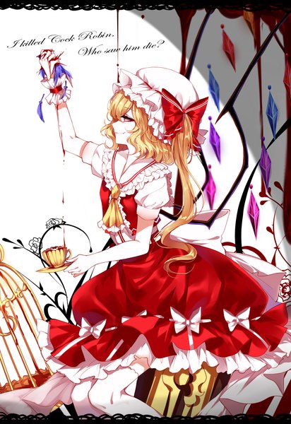 Anime picture 2200x3200 with touhou flandre scarlet sheya single tall image looking at viewer highres short hair blonde hair smile red eyes white background sitting profile short sleeves puffy sleeves one side up text english girl