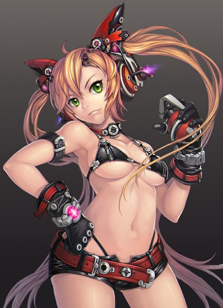 Anime picture 776x1071 with original jak single long hair tall image breasts light erotic blonde hair twintails green eyes girl gloves navel weapon shorts headphones grenade