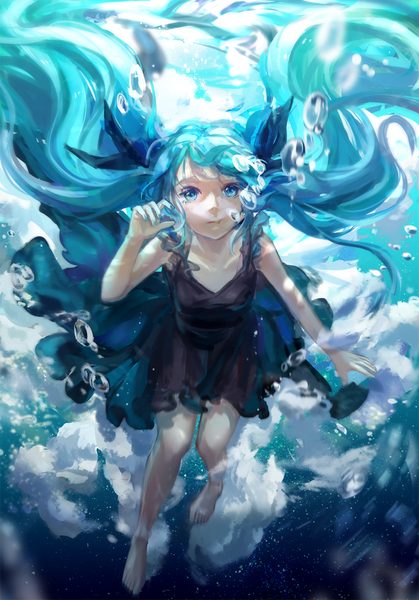 Anime picture 800x1145 with vocaloid shinkai shoujo (vocaloid) hatsune miku achyue single tall image looking at viewer twintails very long hair aqua eyes aqua hair bare legs underwater girl dress bow hair bow sundress bubble (bubbles)