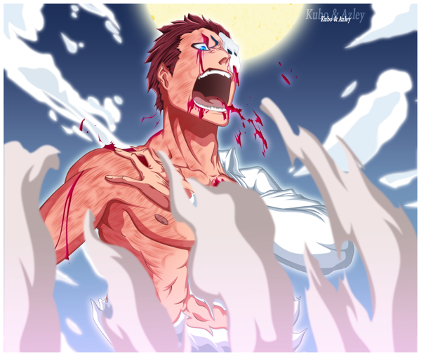 Anime picture 1163x985 with bleach studio pierrot azgiaro ivan azley single short hair open mouth blue eyes brown hair sky cloud (clouds) japanese clothes coloring torn clothes smoke muscle boy kimono blood full moon
