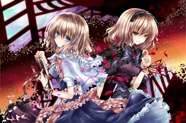 Anime picture 1000x666 with touhou alice margatroid nanase nao short hair blue eyes blonde hair red eyes brown hair multiple girls dual persona girl dress 2 girls petals frills hairband book (books)