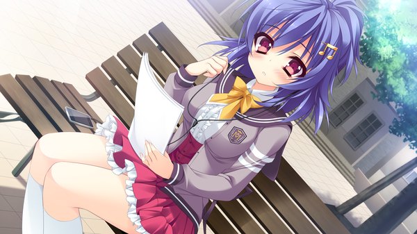 Anime picture 1280x720 with shukufuku no kane no oto wa nishikujou kanon anapom blush short hair red eyes wide image blue hair game cg girl uniform hair ornament socks serafuku hairclip headphones white socks paper bench iphone