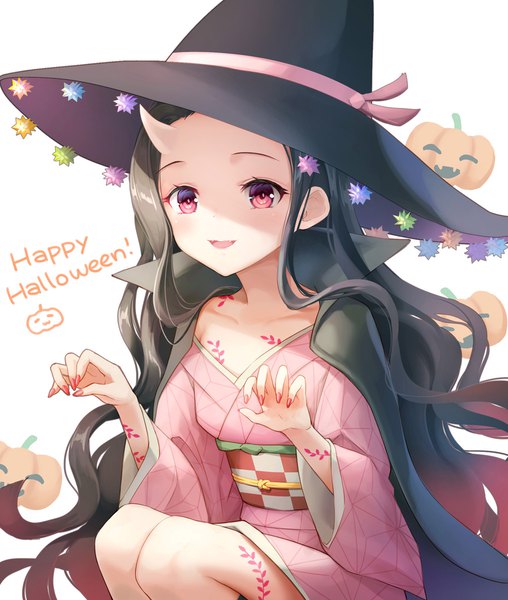 Anime picture 1016x1200 with kimetsu no yaiba ufotable kamado nezuko chocofox single long hair tall image black hair white background traditional clothes japanese clothes pink eyes horn (horns) shaded face squat halloween claw pose spoilers happy halloween girl