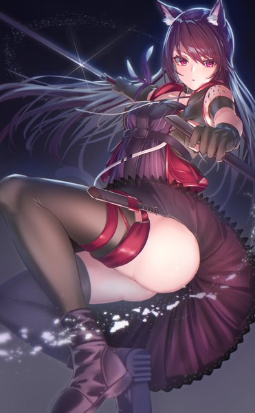 Anime picture 2640x4264 with arknights melantha (arknights) takechii single long hair tall image blush fringe highres open mouth light erotic simple background hair between eyes brown hair holding animal ears looking away bent knee (knees) ass pink eyes