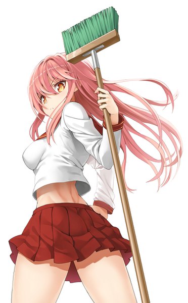 Anime picture 753x1214 with original murata taichi single long hair tall image looking at viewer blush fringe breasts simple background hair between eyes standing white background holding yellow eyes payot pink hair long sleeves pleated skirt looking back
