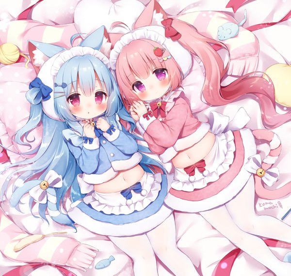 Anime picture 1573x1491 with original miruku (koma momozu) kobone (koma momozu) momozu komamochi long hair looking at viewer blush fringe open mouth twintails multiple girls signed animal ears payot blue hair pink hair ahoge tail lying blunt bangs