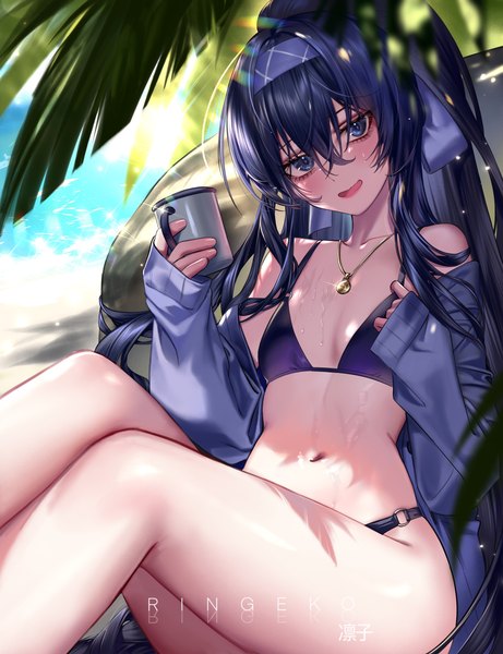 Anime picture 4000x5201 with blue archive ui (blue archive) ui (swimsuit) (blue archive) ringeko-chan single long hair tall image looking at viewer blush fringe highres open mouth blue eyes light erotic black hair smile hair between eyes sitting holding signed