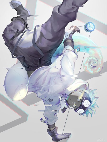 Anime picture 800x1067 with arknights ethan (arknights) karasuba yomi single tall image short hair signed blue hair tail animal tail dark skin glowing glowing eye (eyes) goggles on head handstand boy gloves goggles yo-yo