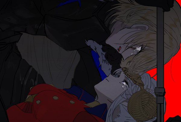 Anime picture 2039x1378 with fire emblem fire emblem: three houses nintendo edelgard von hresvelg dimitri alexandre blaiddyd sanya (artist) highres short hair breasts open mouth blonde hair smile white hair profile horn (horns) grey eyes face to face crying eye contact boy on top