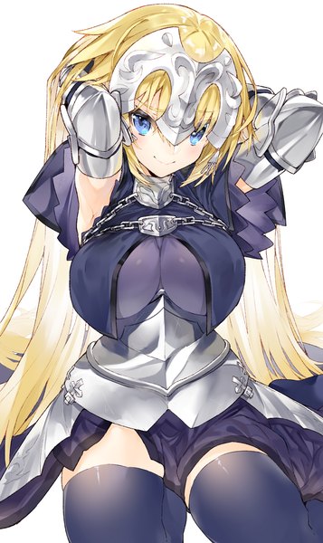 Anime picture 3200x5367 with fate (series) fate/grand order fate/apocrypha jeanne d'arc (fate) (all) jeanne d'arc (fate) kou mashiro single long hair tall image looking at viewer blush fringe highres breasts blue eyes light erotic simple background blonde hair smile hair between eyes