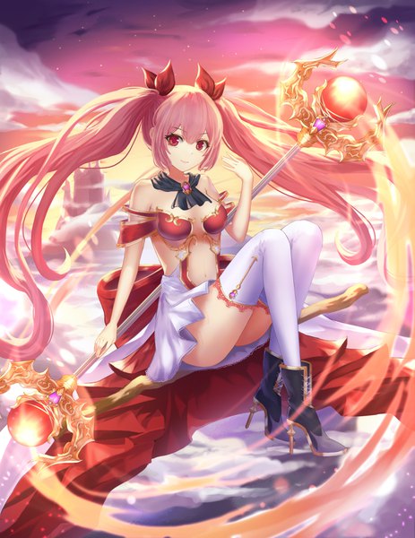 Anime picture 2700x3500 with original gya (144) single long hair tall image looking at viewer fringe highres breasts light erotic hair between eyes red eyes sitting twintails bare shoulders holding payot pink hair sky cloud (clouds)