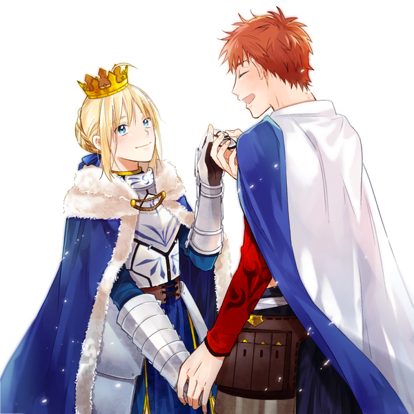 Anime picture 800x800 with fate (series) fate/grand order fate/stay night artoria pendragon (all) saber emiya shirou nitta matsuko long hair blush short hair open mouth blue eyes blonde hair simple background smile brown hair standing white background payot looking away