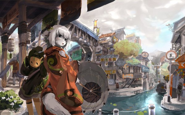 Anime picture 1680x1050 with original extvia wide image japanese clothes city river village animal water kimono umbrella bunny house traffic sign wolf furry