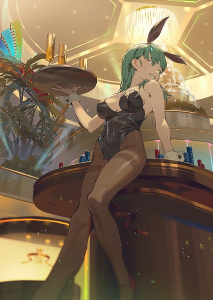 Anime picture 1067x1500 with dragon ball bulma fajyobore single long hair tall image fringe breasts light erotic smile standing holding animal ears looking away indoors blunt bangs aqua eyes aqua hair arm support from below