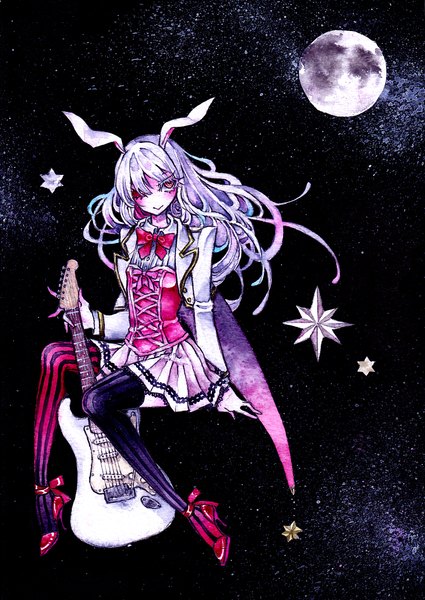 Anime picture 794x1121 with touhou reisen udongein inaba miri (lycoris-candy) single long hair tall image red eyes animal ears purple hair bunny ears space traditional media watercolor (medium) girl thighhighs dress moon star (stars) striped thighhighs full moon