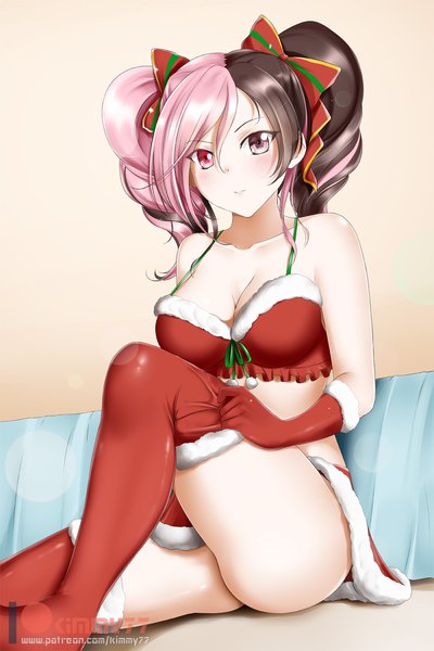 Anime picture 1200x1800 with rwby rooster teeth neopolitan (rwby) kimmy77 single long hair tall image looking at viewer blush breasts light erotic sitting cleavage multicolored hair two-tone hair heterochromia drill hair christmas girl gloves