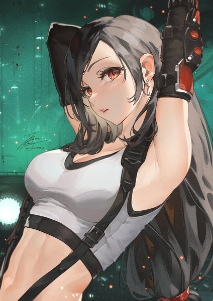 Anime picture 1061x1500 with final fantasy final fantasy vii square enix tifa lockhart fadingz single long hair tall image looking at viewer fringe breasts black hair red eyes standing signed cleavage upper body outdoors arms up teeth