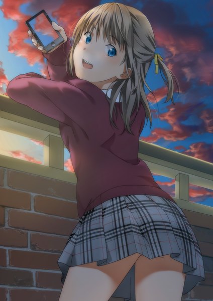 Anime picture 858x1215 with original ikuwataru nagomi single tall image looking at viewer short hair open mouth blue eyes brown hair cloud (clouds) girl skirt sweater phone