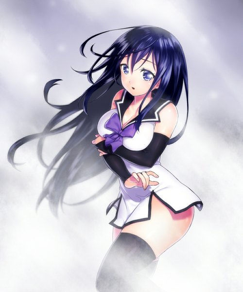 Anime picture 900x1080 with gokukoku no brynhildr arms corporation kuroha neko onsoku inu single long hair tall image fringe breasts open mouth light erotic standing purple eyes cleavage purple hair girl thighhighs dress bow black thighhighs