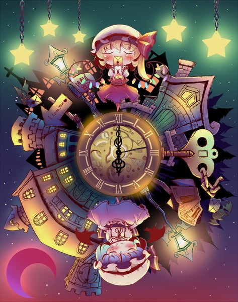 Anime picture 1300x1648 with touhou flandre scarlet remilia scarlet takahero tall image blush blonde hair blue hair chibi red moon girl hat wings star (symbol) star (stars) clock letter
