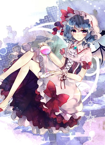 Anime picture 1382x1905 with touhou remilia scarlet ginzuki ringo single tall image looking at viewer blush short hair smile red eyes blue hair crossed legs girl dress wings bonnet cup corset teacup tea