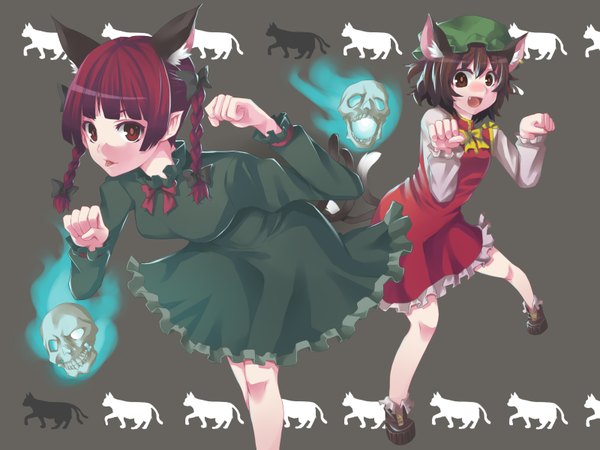 Anime picture 1600x1200 with touhou kaenbyou rin chen hitoto highres multiple girls animal ears tail braid (braids) cat ears cat tail twin braids multiple tails extra ears paw pose girl ribbon (ribbons) 2 girls hat cat