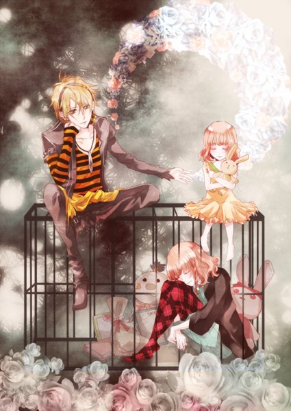 Anime picture 1074x1517 with amnesia idea factory heroine (amnesia) toma (amnesia) long hair tall image blush short hair blonde hair sitting yellow eyes pink hair eyes closed barefoot dual persona rhombus girl boy flower (flowers) pantyhose