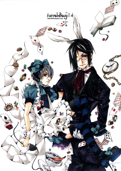 Anime picture 4294x6051 with alice in wonderland kuroshitsuji a-1 pictures sebastian michaelis ciel phantomhive shina himetsuka tall image looking at viewer fringe highres short hair black hair simple background red eyes white background signed absurdres hair over one eye multiple boys bunny ears