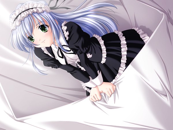 Anime picture 1200x900 with costume player green eyes blue hair game cg girl