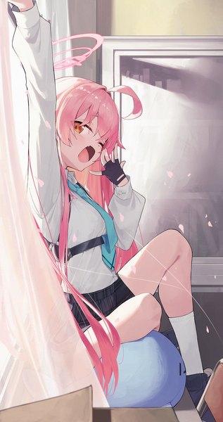 Anime picture 1585x3000 with blue archive hoshino (blue archive) siro joon single long hair tall image looking at viewer open mouth sitting yellow eyes pink hair ahoge indoors one eye closed arm up hand to mouth yawn girl gloves uniform
