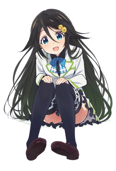Anime picture 1000x1470 with musaigen no phantom world izumi reina yamaguchi satoshi single long hair tall image looking at viewer blush fringe open mouth blue eyes black hair simple background hair between eyes white background sitting head tilt multicolored hair green hair two-tone hair