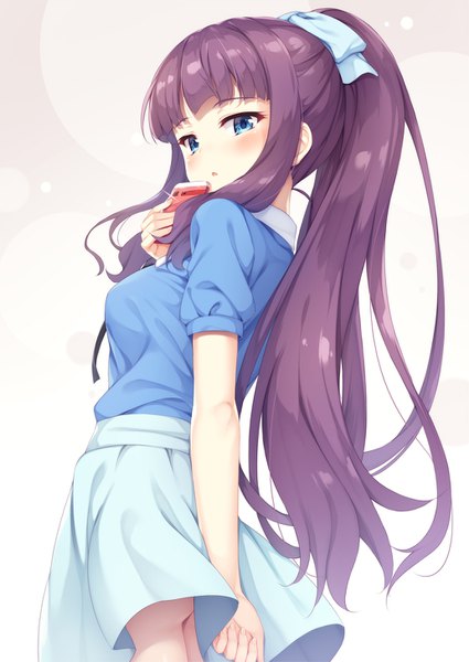 Anime picture 1032x1457 with new game! doga kobo takimoto hifumi tomifumi single long hair tall image looking at viewer blush fringe breasts open mouth blue eyes light erotic simple background standing payot purple hair ponytail blunt bangs