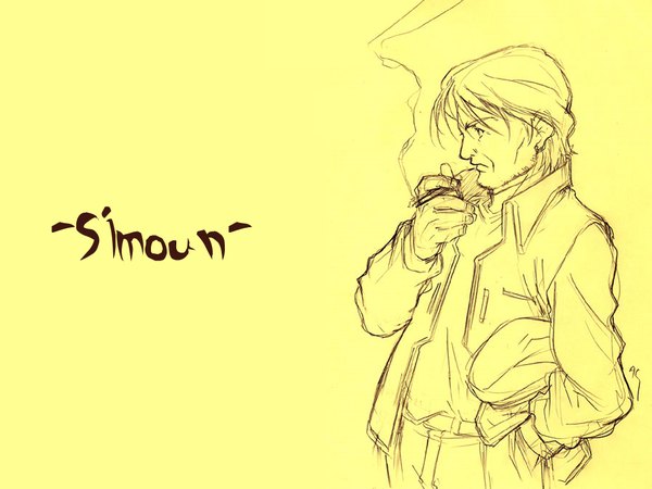 Anime picture 1024x768 with simoun single short hair simple background looking away boy cigarette tagme