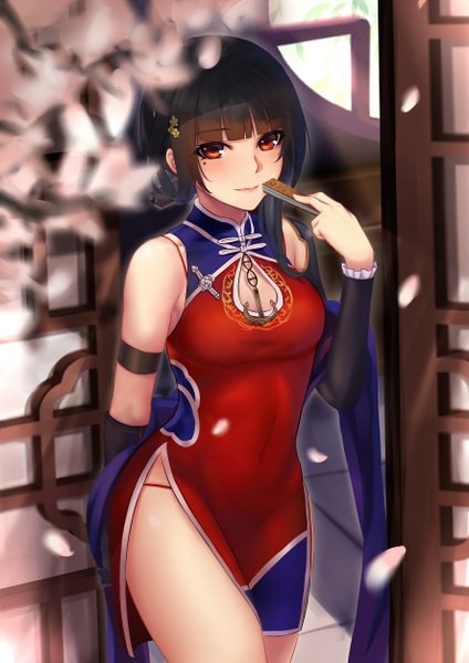 Anime picture 1772x2506 with warship girls r yat sen (warship girls r) iandrea single long hair tall image looking at viewer blush highres light erotic black hair red eyes traditional clothes chinese clothes girl petals chinese dress closed fan