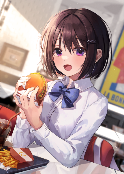 Anime picture 2848x3973 with original mcdonald's myowa single tall image looking at viewer blush fringe highres short hair open mouth hair between eyes brown hair sitting purple eyes holding upper body indoors long sleeves :d