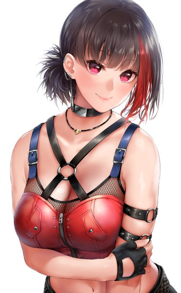 Anime picture 1509x2442 with bang dream! mitake ran khanka shui single tall image looking at viewer blush fringe short hair breasts light erotic black hair simple background smile red eyes large breasts white background payot cleavage upper body