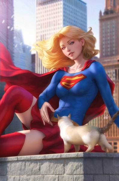 Anime picture 1712x2600 with dc comics supergirl artgerm (stanley lau) single long hair tall image looking at viewer highres blue eyes blonde hair smile sitting signed sky bent knee (knees) outdoors parted lips head tilt wind lips
