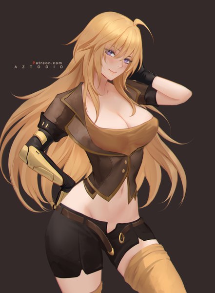 Anime picture 5000x6800 with rwby rooster teeth yang xiao long azto dio single long hair tall image looking at viewer blush fringe highres breasts light erotic simple background blonde hair smile hair between eyes large breasts standing purple eyes