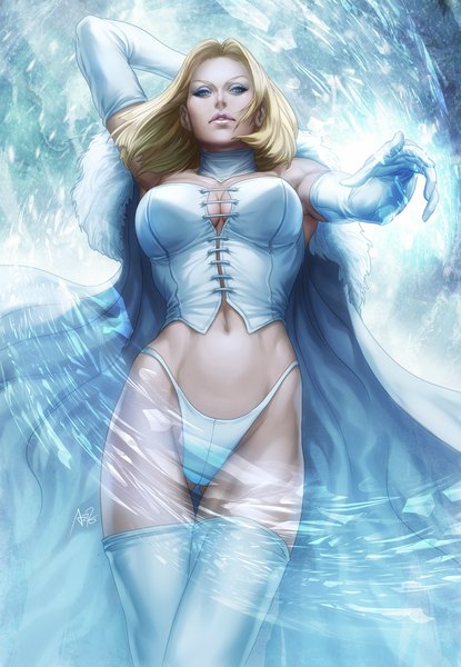 Anime picture 692x1000 with x-men marvel comics emma grace frost artgerm (stanley lau) single tall image short hair blue eyes light erotic blonde hair lips realistic midriff lipstick girl thighhighs gloves navel white thighhighs elbow gloves