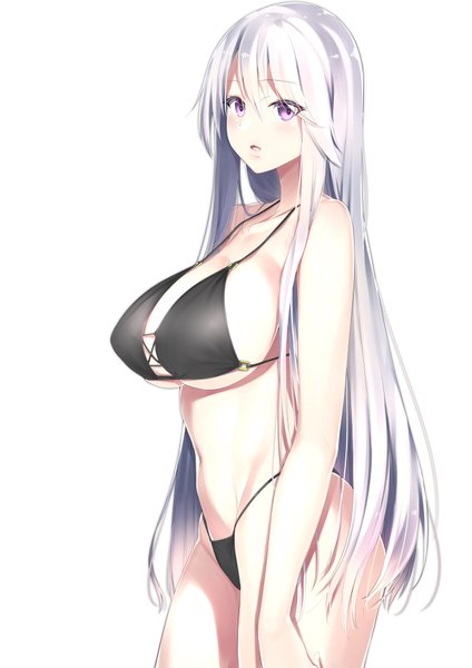 Anime picture 1447x2048 with azur lane enterprise (azur lane) yamanokami eaka single long hair tall image blush fringe breasts open mouth light erotic simple background hair between eyes standing white background purple eyes payot cleavage silver hair huge breasts
