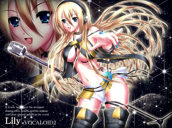 Anime picture 1370x1022 with vocaloid lily (vocaloid) nohoho (kakikonchi) single long hair open mouth blue eyes light erotic blonde hair midriff zoom layer girl navel miniskirt headphones thigh boots microphone